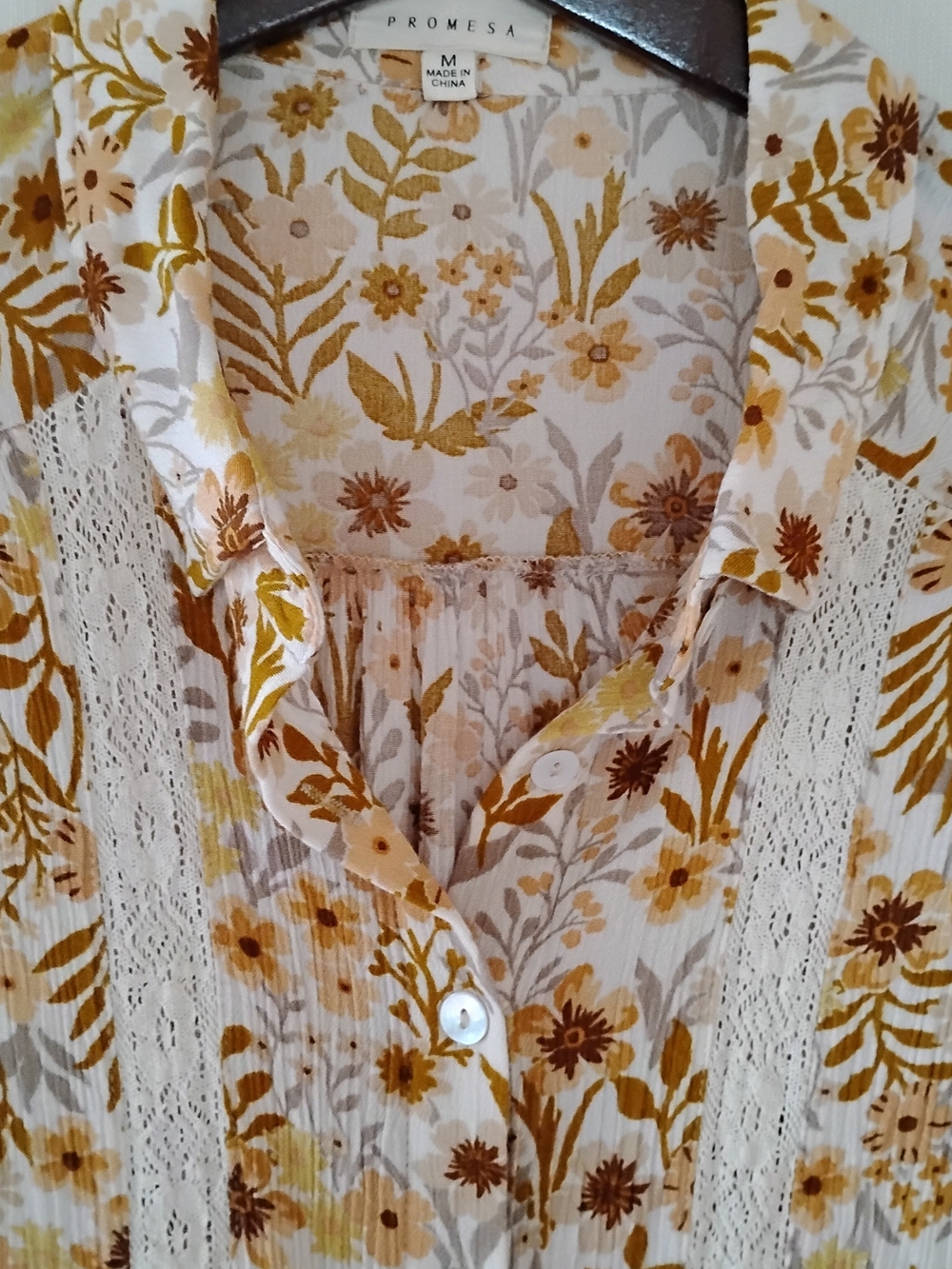 Promesa Women's Yellow Floral Lace-Trim Button Front Top